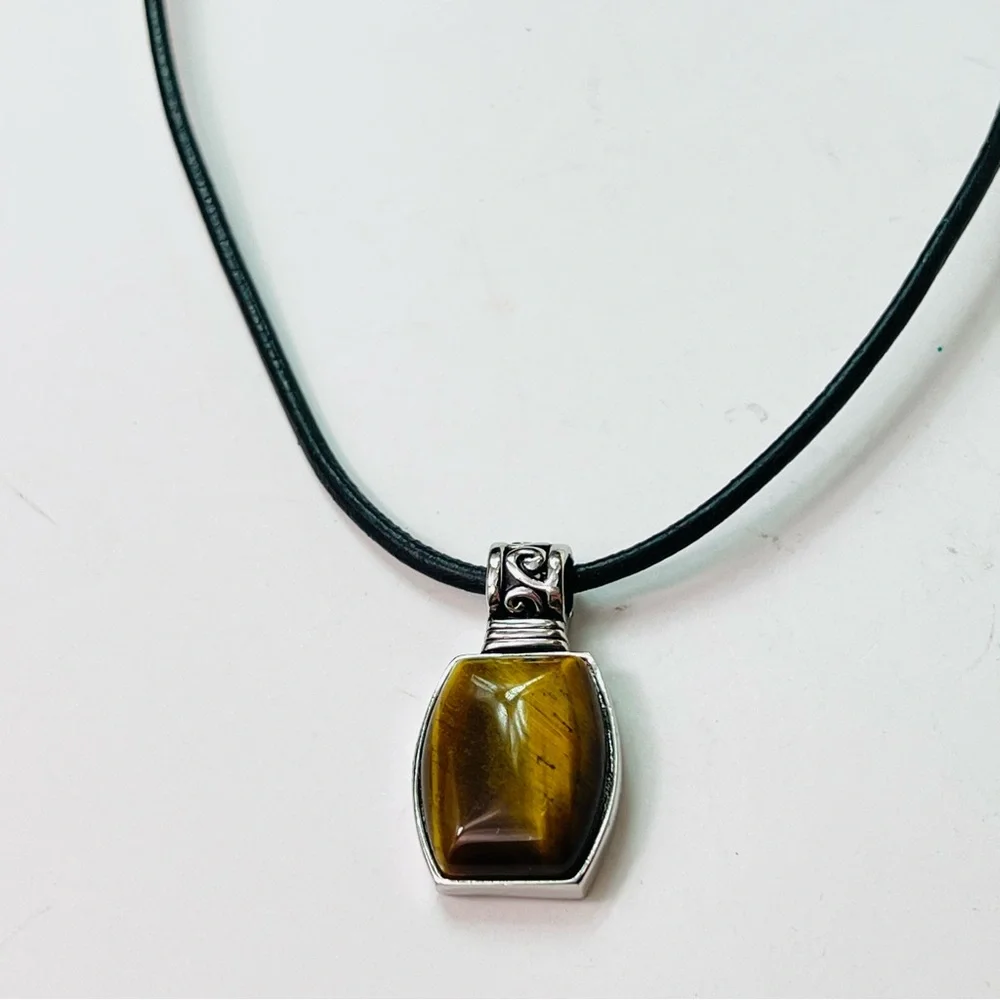 Lia Sophia Tiger Eye Pendant Necklace | Leather Cord Silver Plated | 19”